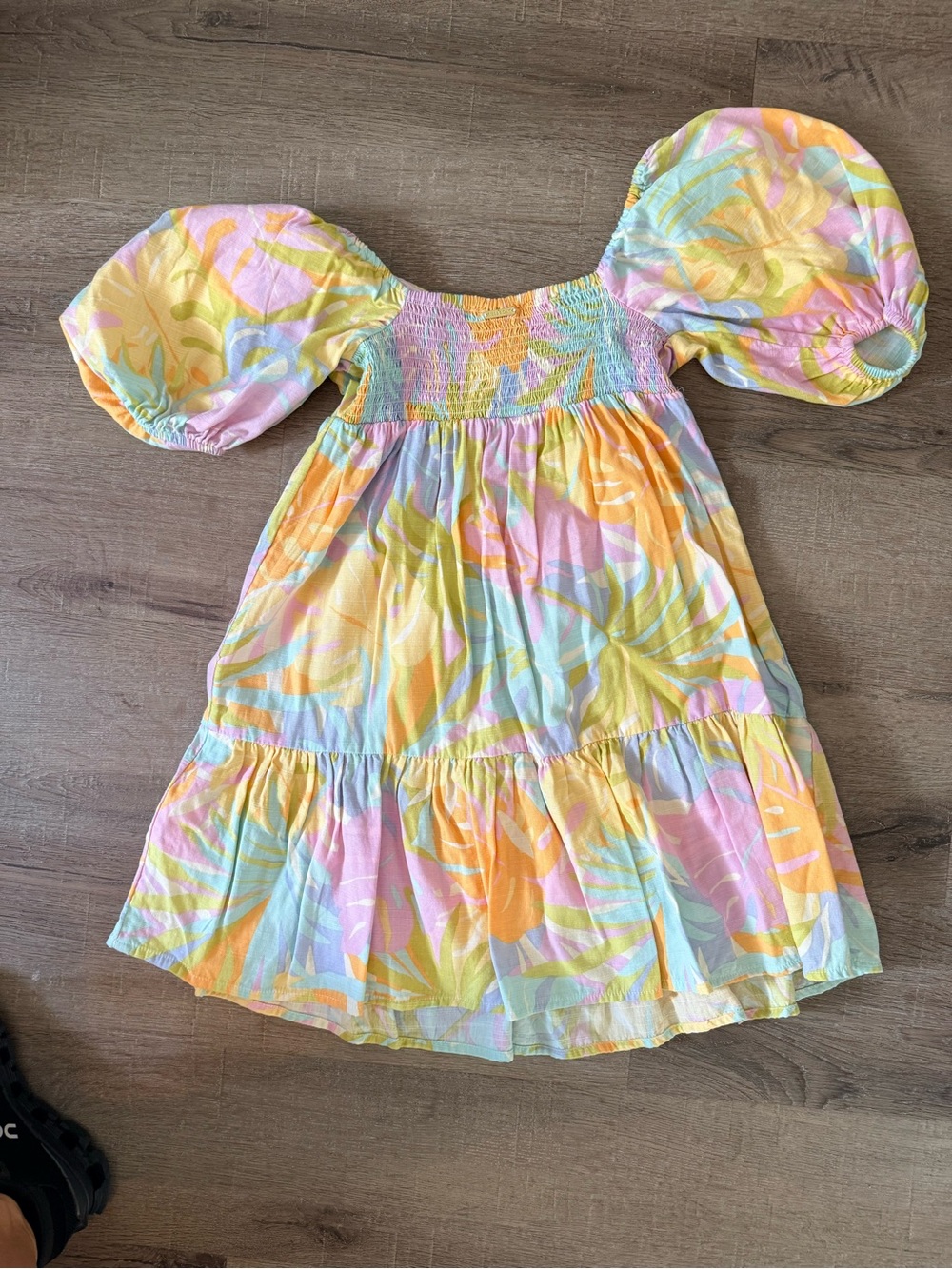 Billabong Pastel Tropical Puff-Sleeve Dress in Yellow, Pink, Blue - Picture 3 of 3
